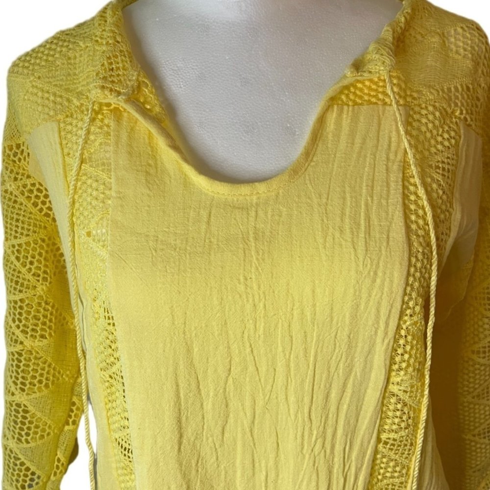 Yellow Lightweight 3/4 Sleeve Shirt with Lace Details & Tassels  Size Medium - Picture 7 of 10